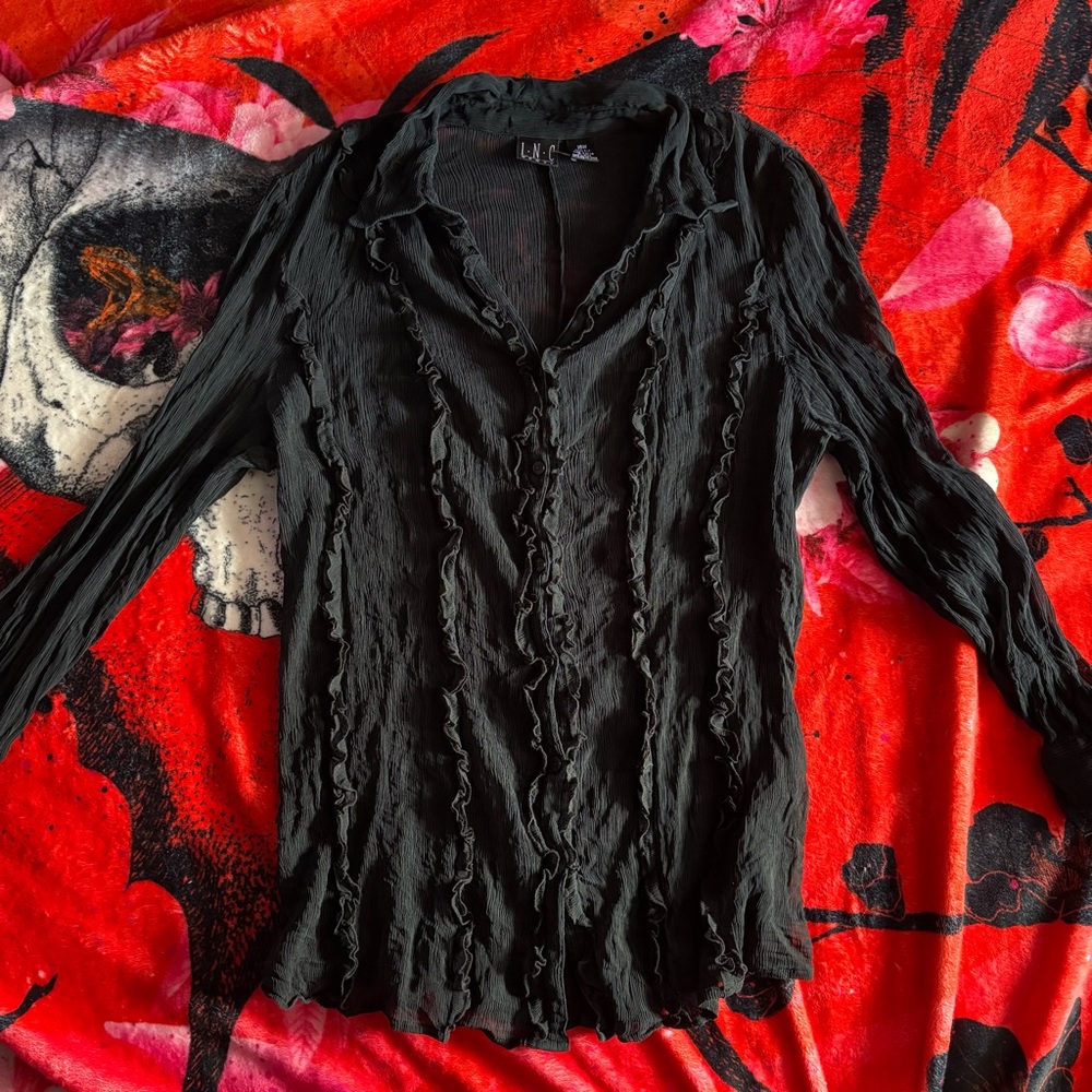 INC International Concepts Black Ruffled Button Down Shirt